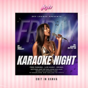 Volantino per serata karaoke, modello fai da te per volantino club, modello Canva modificabile, volantino per social media, volantino per invito a festa