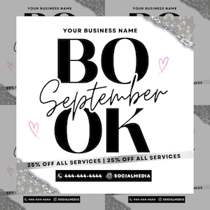 Book Now Flyer, Bookings Available, September Appointment Flyer, Hair, Nails, Makeup, Lashes, Braids, Silver