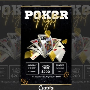 Flyer de convite para noite de pôquer, Flyer para noite de jogos de cassino, Flyer para noite de jogos, Convite editável para noite de aniversário de pôquer, Flyer para noite de torneio de pôquer