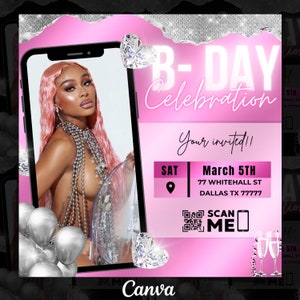 Birthday Flyer, Birthday Template, Birthday Dinner , Birthday girl invitation, Party invitation, Digital invitation, Pink Glam