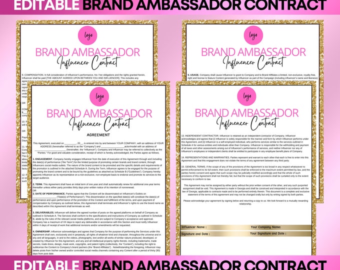 Brand Ambassador Contract, Brand Influencer Forms, Influencer Contract