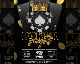 Modèle de Flyer d'invitation à une soirée poker modifiable et imprimable, modèle de Flyer sur toile d'événement soirée poker à téléchargement immédiat