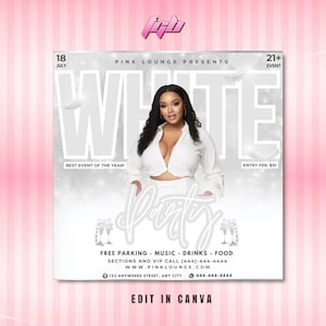 Ulotka All White Party, Szablon ulotki All White Party Affair, Edytowalne zaproszenie na imprezę, Szablon Canva na imprezę w kolorze białym, Impreza urodzinowa