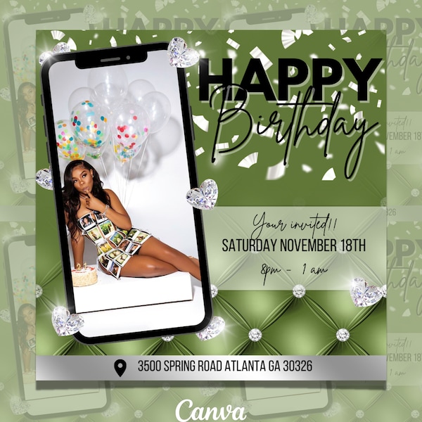 Birthday Flyer, Birthday Girl Flyer, Birthday Template, Birthday Dinner, Birthday girl invitation, Party invitation, invitation ,Green