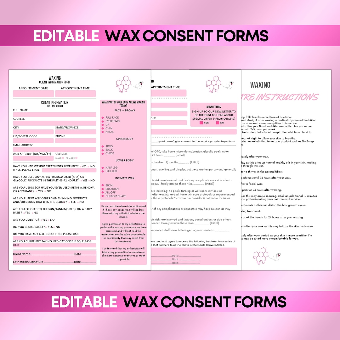 Waxing Consent Forms, Waxing Client Intake, Esthetician Wax Form ...