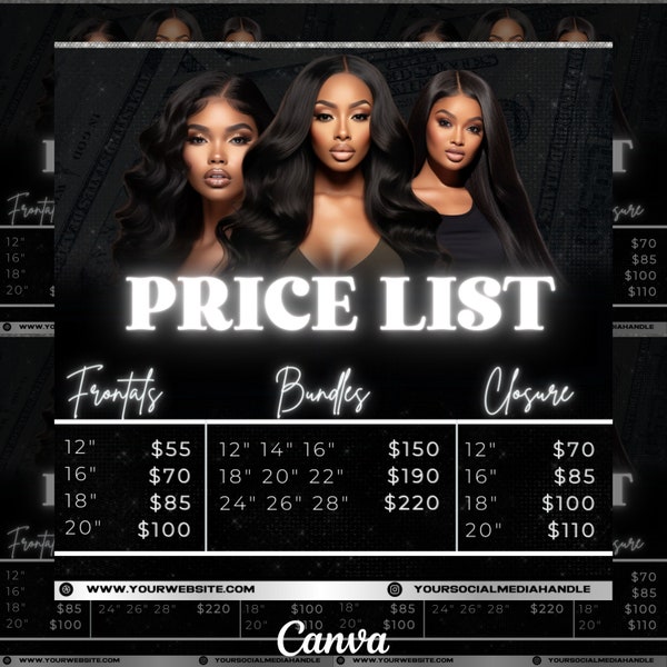 DIY Hair Pricelist Flyer, Hair Sale, Bundle Deals, Hair Extensions Wig Flyer, Editable Canva Template, Black and Silver Glam