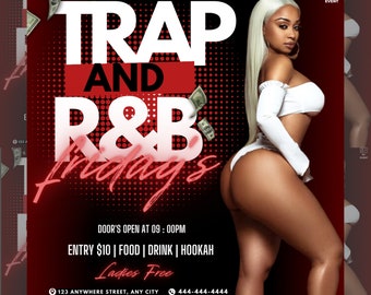 May include: A flyer for a Trap and R&B Fridays event at Sky Lounge. The flyer features a woman in a white top and a red and black background with the text "Trap and R&B Fridays" in large white letters. The flyer also includes the text "Door's open at 09:00PM", "Entry $10 | Food | Drink | Hookah", and "Ladies Free".