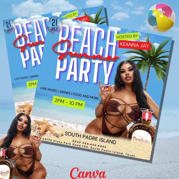 Beach Party Flyer, Pool Party Flyer, Summer Pool Invitation, DIY Canva Template, Editable Summer Pool Beach Invitation, Club Flyer