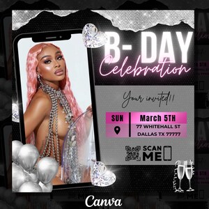 Birthday Flyer, Birthday Template, Birthday Dinner , Birthday girl invitation, Party invitation, Digital invitation, Black Glam
