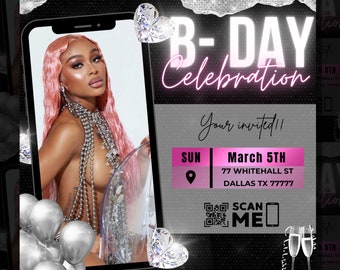 May include: A birthday party invitation with a pink and white color scheme. The invitation features a photo of a woman with pink hair, a diamond heart, and a QR code. The text on the invitation reads "B-DAY Celebration" and "Your invited!!" with the date and location of the party. The invitation also includes the text "SCAN ME".