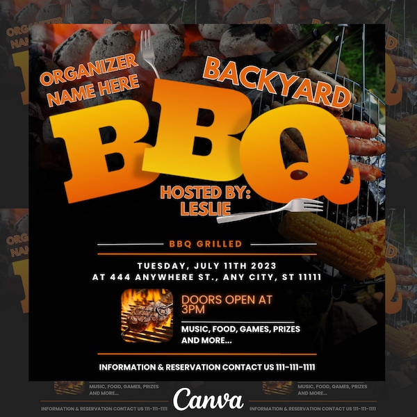 Bbq Cookout Flyer Template, BBQ Party Flyer, Editable BBQ Club Flyer Template For Canva, DIY Event Flyer,Party Flyer