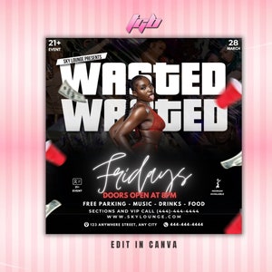 Wasted Fridays Editable Club Flyer Template For Canva, DIY Event Flyer, Party Flyer, Digital Birthday Flyer, DJ Party Invite Social Media