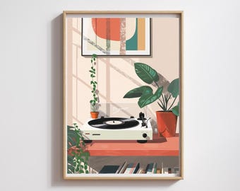 Puede incluir: Una lámina de arte enmarcada que muestra un tocadiscos blanco sobre una superficie de color coral, flanqueado por una planta en maceta y una enredadera. Arriba, un cuadro abstracto geométrico cuelga en una pared con luz solar y sombras.