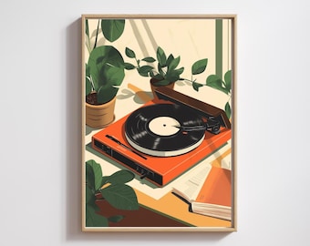 Puede incluir: Ilustración de un tocadiscos naranja vintage con un disco de vinilo negro. El tocadiscos está sobre una mesa con plantas en macetas y un libro abierto. La obra está enmarcada en un marco de madera clara.