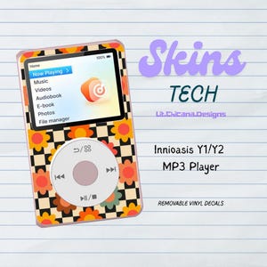 May include: An Innioasis Y1/Y2 MP3 player featuring a removable vinyl decal with a black and cream checkerboard pattern overlaid with orange and teal flowers. The screen displays a menu with text including Home, Now Playing, Music, Videos, and Audiobook.