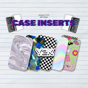 May include: Five rectangular case inserts for an Innioasis Y1/Y2 MP3 player, featuring designs including iridescent swirls, compact discs, black and white checkerboard, soft pastel gradients, and a green collage with cherries, bears, and flowers.