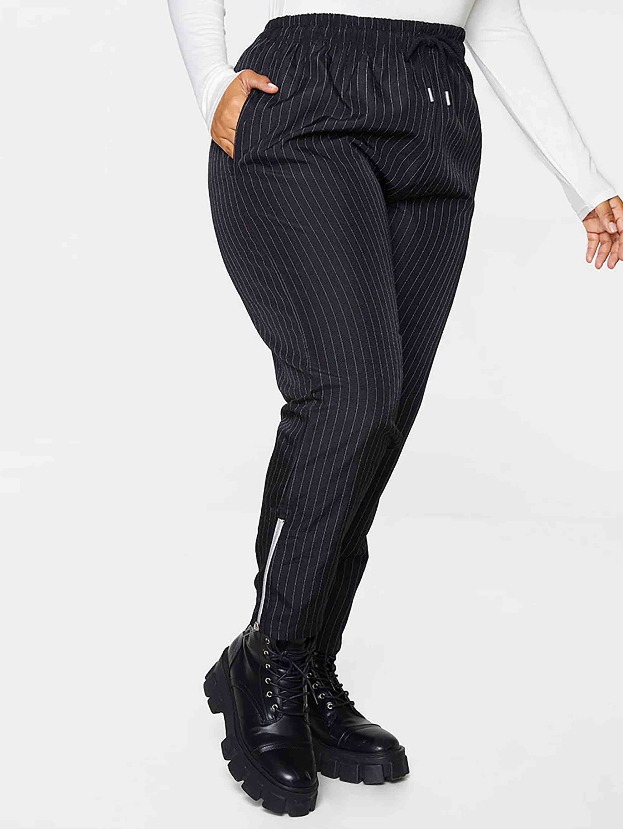 Plus Black Pinstripe High Waist With Contrast Zip Trousers 