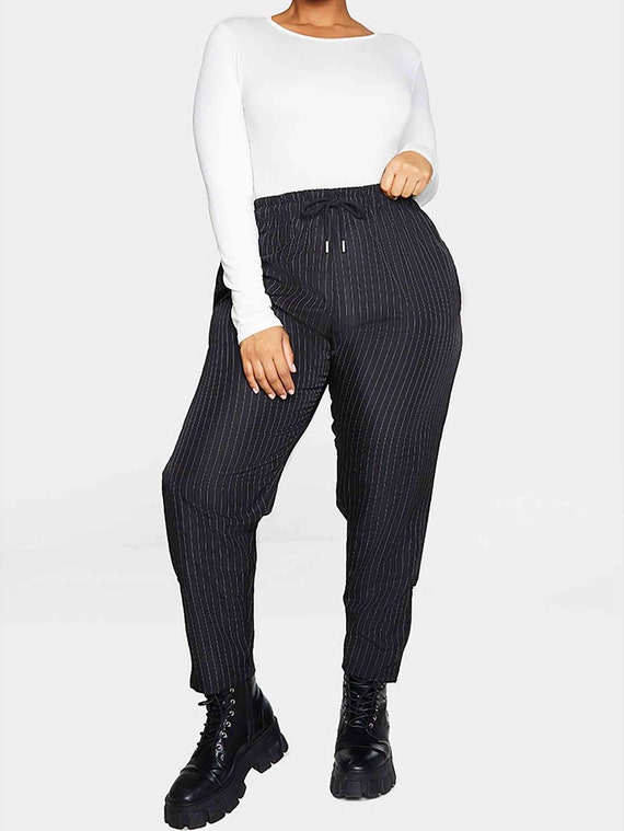 Plus Black Pinstripe High Waist With Contrast Zip Trousers 