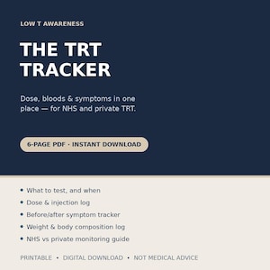 Puede incluir: Un documento digital azul oscuro y crema titulado The TRT Tracker para Low T Awareness. Incluye un PDF de 6 páginas de descarga instantánea para registrar dosis, análisis de sangre y síntomas, además de registros de peso y composición corporal.