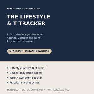 Puede incluir: Un documento digital azul oscuro y beige titulado The Lifestyle & T Tracker para hombres de 20 y 30 años. Incluye un PDF de 6 páginas, un rastreador de hábitos diarios de 2 semanas y 5 factores de estilo de vida para la testosterona.