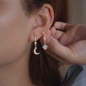 Mismatched Moon & Star Dangle Earrings, Gold Celestial Stud Earrings, Dainty Star And Moon Drop Earrings, Non-Piercing Clip-on Earrings