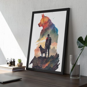 Hiking with Dog Poster Framed,  Hiking Trail Print, Go Hiking Print, Gift for Hiker, Adventure Wall Art, Hiking Wall Art, Adventure Dogs