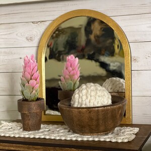 May include: A wooden bowl containing a white crocheted ball, a small potted pink and green plant, and a gold framed arched mirror reflecting a similar plant.