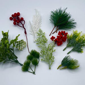 May include: Assortment of artificial greenery and berries on a white background. The collection includes sprigs of green and white frosted foliage, red berries, and various green plant cuttings. Ideal for crafting or holiday decor.
