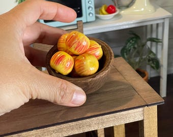 Miniature dollhouse apples in a wooden rustic bowl 1:6 scale