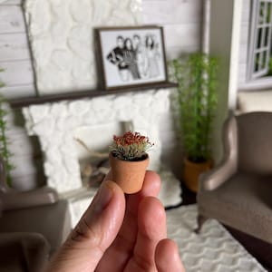 May include: A miniature terracotta pot filled with small red flowers and green foliage. The tiny plant is held in front of a miniature living room scene, with a fireplace, artwork, and furniture.