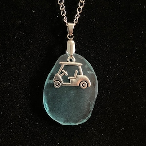 Blue Sea Glass with Golf Charm & Silver Chain Necklace
