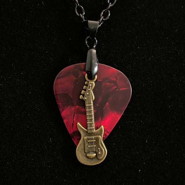 Red Guitar Pick with Gold Guitar Charm & Black Chain Necklace