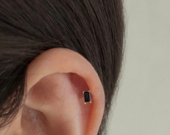 14K Solid Gold - Black onyx Baguette Stud Earring - Dainty Stud Earring - Minimalist stud earrings - 14K Solid Gold Earring