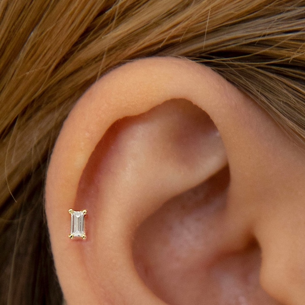 14K Solid Gold Stud - Baguette Stud Earring - Dainty Stud Earring - Minimalist stud earrings - 14K Solid Gold Earring