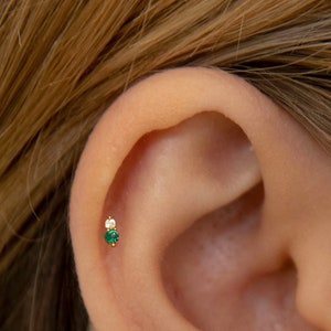 14K Solid Gold Stud - Emerald Two Stone Stud Earring - Minimalist stud earrings - 14K Solid Gold Earring