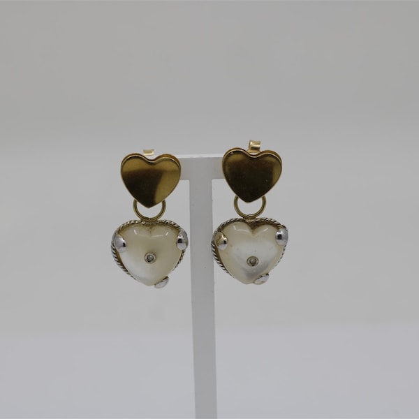 Vintage 18k Yellow Gold Diamond and Mother of Pearl Earrings 1.25"