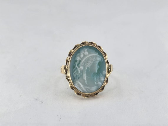 Vintage 14K Yellow Gold Light Blue Cameo Ring Sz … - image 1