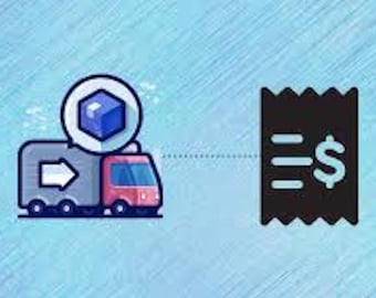 May include: An illustration of a delivery truck with a package icon above it, connected by a dotted line to a receipt icon with a dollar sign. The truck is red and gray, and the background is a light blue gradient.