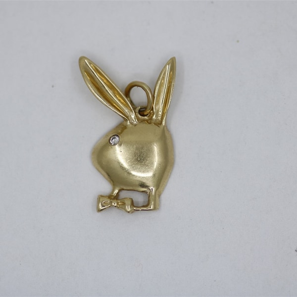 Vintage 14k Yellow Gold Diamond Playboy Bunny Pendant 0.95"
