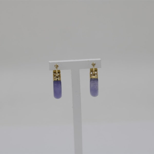 Vintage 14k Yellow Gold Lavender Jade Earrings 0.75"