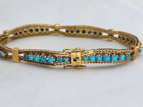 Vintage 18K Yellow Gold Turquoise Bracelet 6.75" - image 3