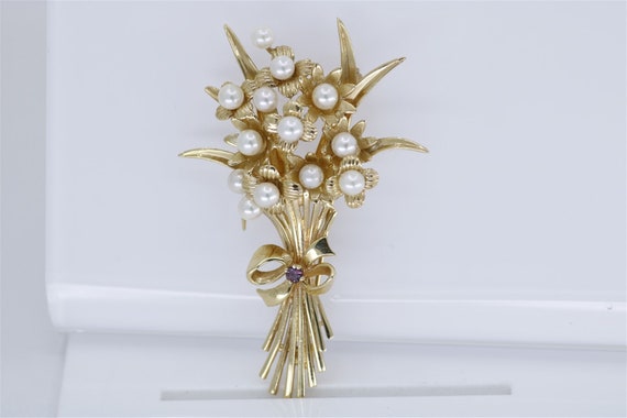Vintage 14k Yellow Gold Bouquet Brooch 2.25" - image 1