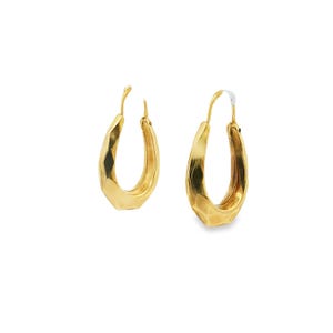 May include: A pair of gold hoop earrings with a faceted, textured surface. Each earring features an elongated oval shape with a hinged wire closure at the top. The metal has a polished, reflective finish that catches the light across its multiple flat planes.
