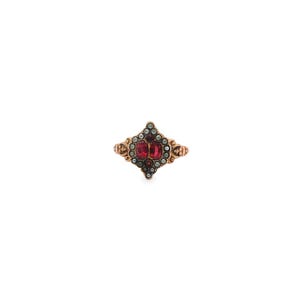 Vintage 10KY Marquise-Shaped Ring w/ Oval Synthetic Rubies & Seed Pearls - Size 10.25