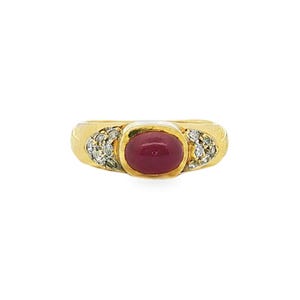 Vintage 18k Yellow Gold Purplish-Red Ruby Cabochon Multistone Ring Sz5