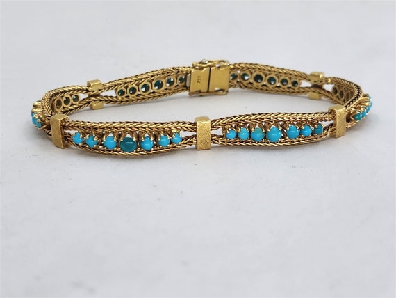 Vintage 18K Yellow Gold Turquoise Bracelet 6.75" - image 1