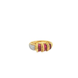May include: A gold ring featuring a row of channel-set baguette-cut red rubies separated by gold bars, with a side section paved with small round white diamonds. The band has a polished gold finish and a structured, multi-layered design.