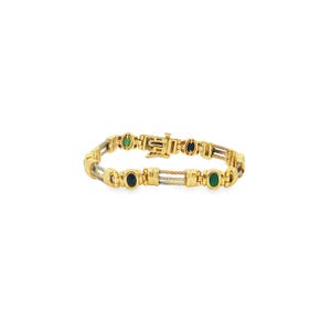 Vintage 14KTT Ruby, Emerald and Sapphire Cable Bar Bracelet 7"