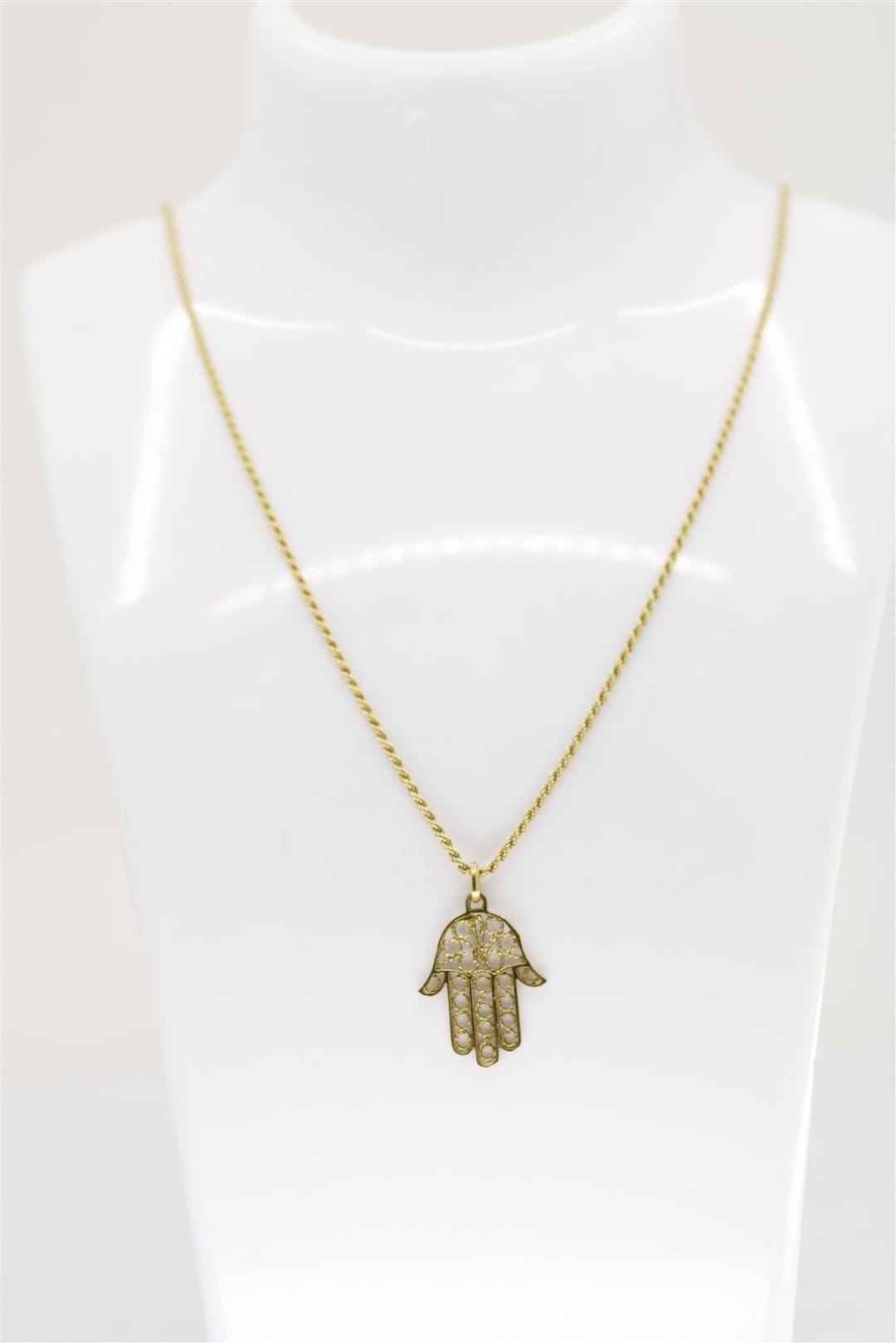 18K Yellow Gold Vintage 24 Inch Rope Necklace With Hamsa Hand Pendant ...