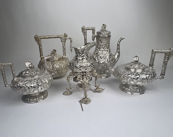 Vintage Coin Silver Kirk Repousse Monogram 5 pc Tea Set w. Rams Head Handle